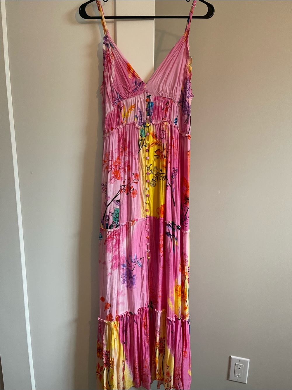 Pink Floral Maxi Dress with Yellow Panels - Women's Spaghetti Strap Maxi